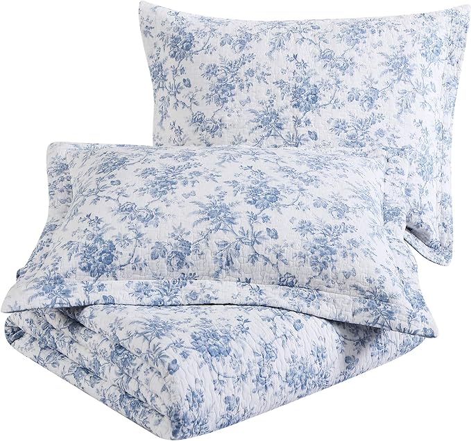 Laura Ashley - Full/Queen Quilt Set, Reversible Cotton Bedding with Matching Sham, Medium-Weight for Year Round Use, Floral Print Bed Set (Walled Garden Blue)