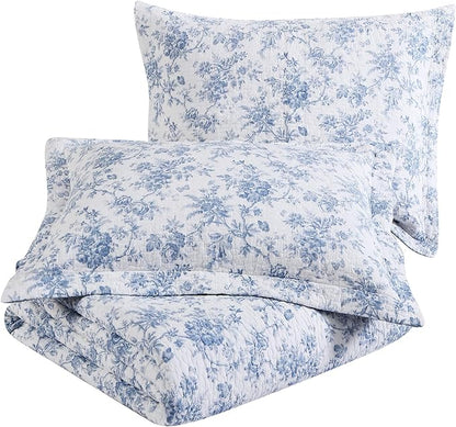 Laura Ashley - Full/Queen Quilt Set, Reversible Cotton Bedding with Matching Sham, Medium-Weight for Year Round Use, Floral Print Bed Set (Walled Garden Blue)