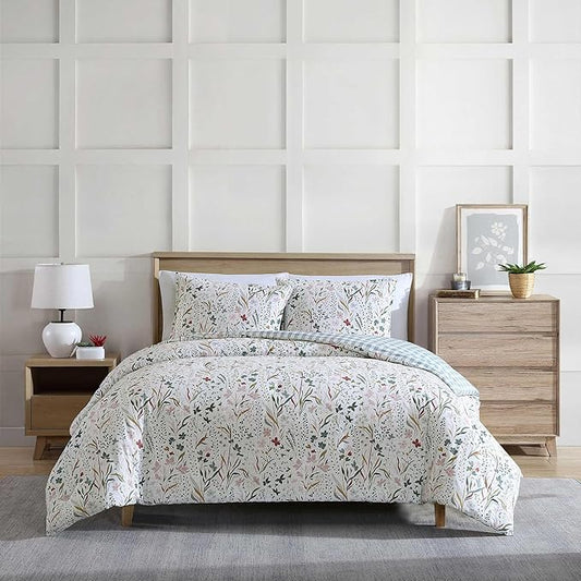 Eddie Bauer - Twin Comforter Set, Reversible Cotton Bedding with Matching Sham, Floral Print with Plaid Reverse, Medium-Weight, Dorm Essentials (Woodland Forest Grey)