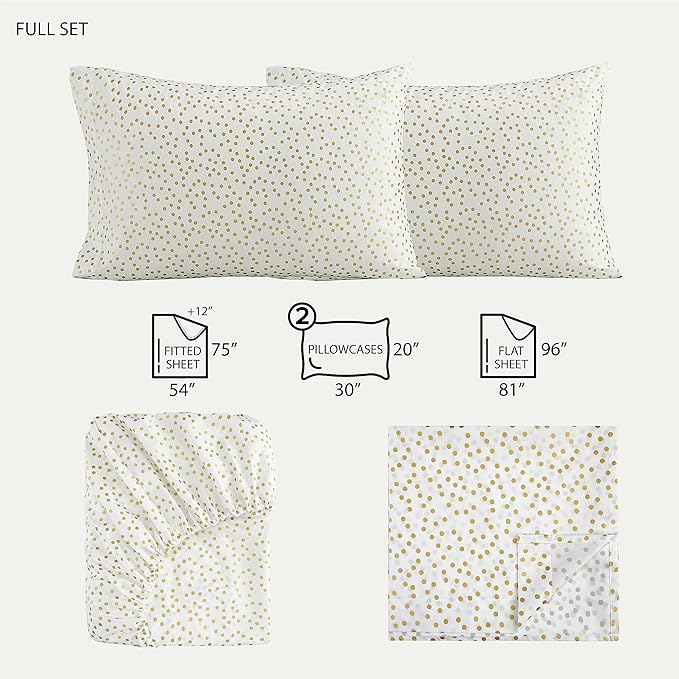 Heritage Kids Full Sheet Set (4-Piece),Gold Dot Pattern, Soft & Durable Bedding for Kids, Cozy Microfiber Sheets with Fitted, Flat Sheet & 2 Pillowcases