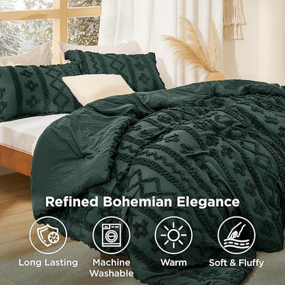 Bedsure Tufted Boho Comforter Set Twin Size - Dark Green Boho Bed Set, GentleSoft™ 2 Pieces Farmhouse Shabby Chic Embroidery Bedding, Gifts for Woman, Soft Jacquard Twin Comforter for All Seasons