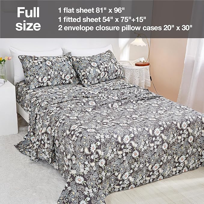JSD Paisley Sheet Set Full Size, 4 Piece Retro Pattern Microfiber Bedding Sheets Extra Deep Pocket