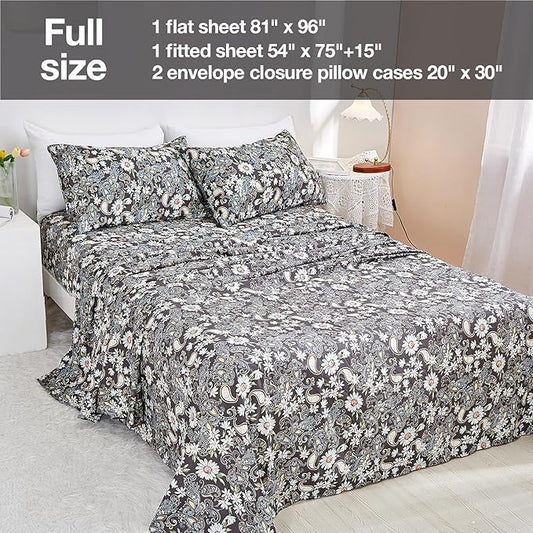 JSD Paisley Sheet Set Full Size, 4 Piece Retro Pattern Microfiber Bedding Sheets Extra Deep Pocket