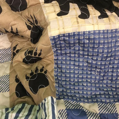 Virah Bella 3 Piece Queen Lodge Quilt Bedding Set - Black Bear Plaid - Rustic Cabin Country Reversible Camping Comforter Set with Decorative Pillow Shams, Blue/Black