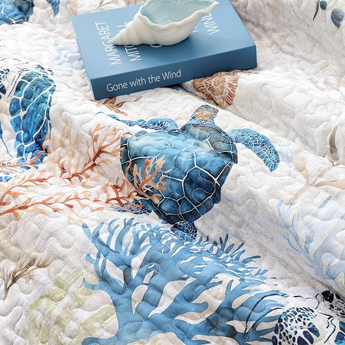 weigelia Coastal Quilt Set Queen Size - Sea Turtle Ocean Print Lightweight Soft Microfiber Summer Comforter with 2 Pillow Cases - Beach Bedding Coverlet Decor for All Seasons, Bedroom & Guest Room