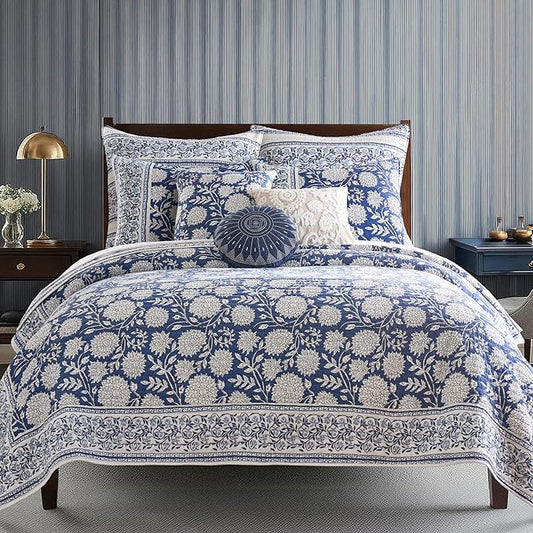 Levtex Home Adare Denim Reversible King/Cal King Quilt Set (106x92in) with 2 Pillow Shams (36x20in) - Floral Bedding - Blue White - Cotton King Size Quilt Bedding Set - Lightweight, Soft, Pre-Washed
