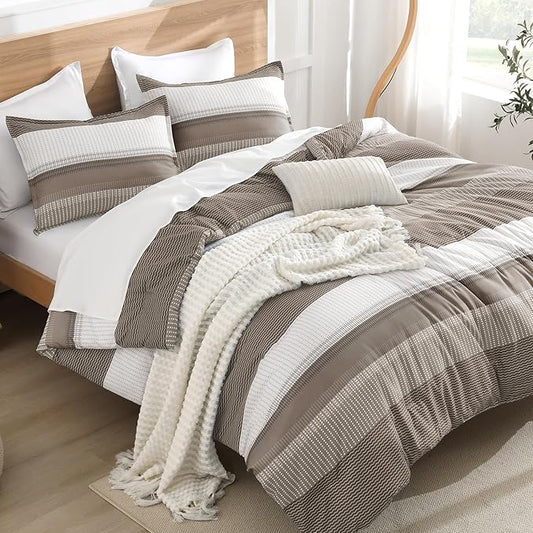 Litanika Comforter Set Queen Size Hazel - 3 Pieces Lightweight Colorblock Stripe Fluffy Bedding Comforter Sets, All Season Bed Set