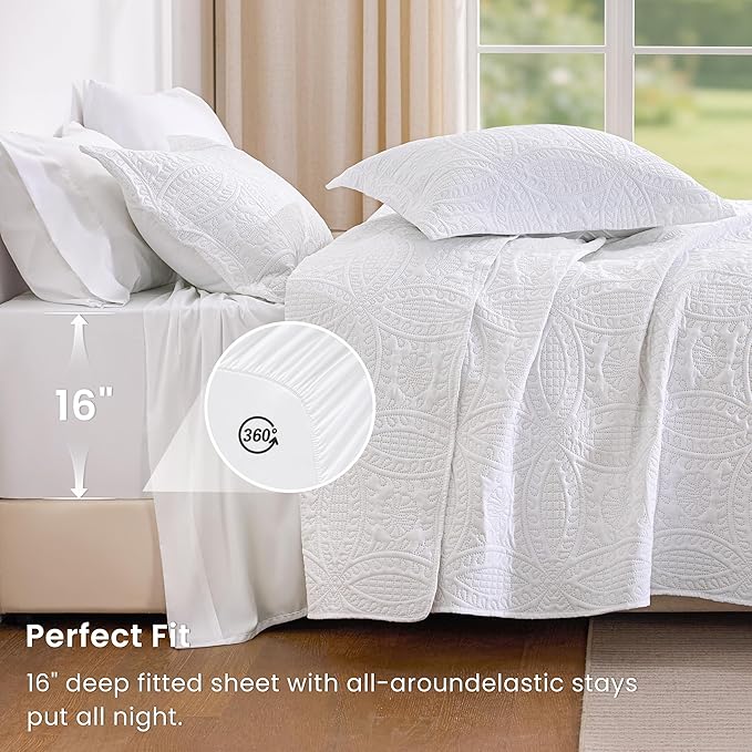 Love's cabin Queen Quilt Set White, Bed in a Bag Queen Size Bedding 7 Pieces, Ultrasonic Embossed Coin Pattern Comforter, Lightweight Bedspreads for All Seasons Quilt with Sheets, Pillowcases & Shams