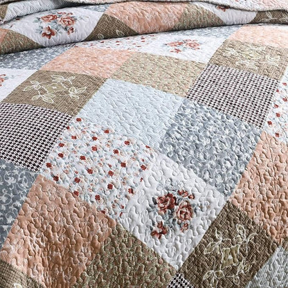 HoneiLife Quilt Set King Size - 3 Piece Microfiber Quilts Reversible Bedspreads Patchwork Coverlets Floral Bedding Set All Season Quilts-Mocha Rose,King Size