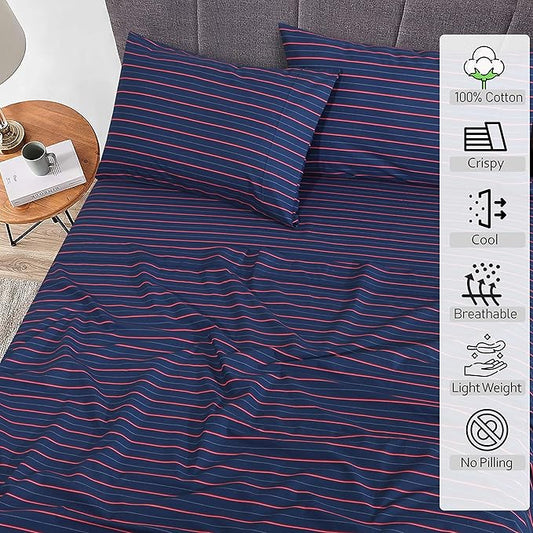 RUVANTI 100% Cotton Sheets – Twin Size Percale Bedding, Cooling & Breathable Floral Design, Durable with a Crisp, Soft & Comfortable Feel, 16" Deep Pocket, 3-Piece Set, Nautical