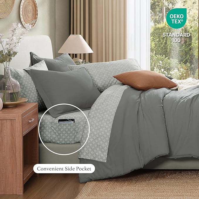 Monbix King Size Comforter Set - 7 Pieces Granite Grey Prewashed Bed in a Bag King Bedding Sets with Comforters, All Seasons Ultra Soft Comforter Bed Set with Sheets,Pillowcases & Shams