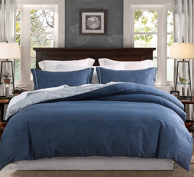 SLEEPBELLA Duvet Cover Queen Size, 600 Thread Count Cotton Navy & Grey Printed with Luxurious Blue Leaves Pattern Reversible Botanical Comforter Cover Sets, Bedding Set 3Pcs (Queen, Navy-Blue Leaves)