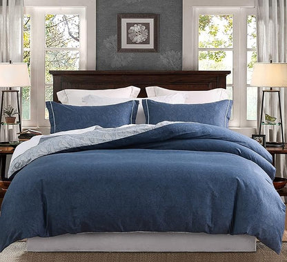 SLEEPBELLA Duvet Cover Twin Size, 600 Thread Count Cotton Navy & Grey Printed with Luxurious Blue Leaves Pattern Reversible Botanical Comforter Cover Sets, Bedding Set 2Pcs (Twin, Navy-Blue Leaves)