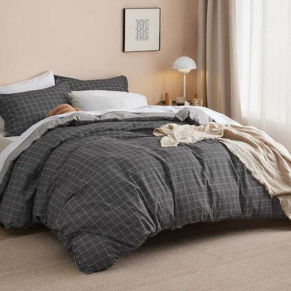 Bedsure Duvet Cover Queen Size - Reversible Plaid Duvet Cover Set with Zipper Closure, 3 Pieces Dark Grey Bedding Set with 8 Corner Ties and 2 Pillow Shams 20"x26"