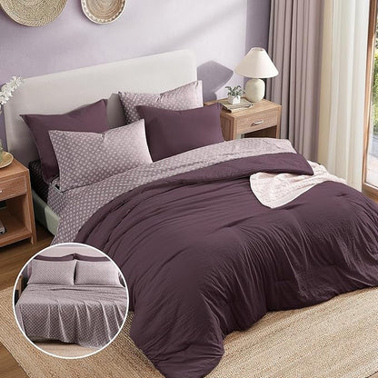 Monbix Full Size Comforter Set - 7 Pieces ltalian Plum Prewashed Bed in a Bag Full Bedding Sets with Comforters, All Seasons Comforter Bed Set with Sheets, Pillowcases & Shams