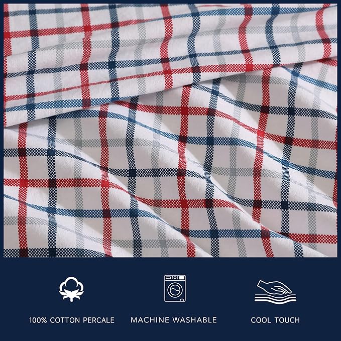 Nautica - Queen Sheet Set, Cotton Percale Bedding Set, Crisp & Cool, Lightweight & Breathable (Boating Tattersall Red, Queen)