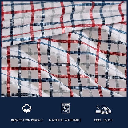 Nautica - Queen Sheet Set, Cotton Percale Bedding Set, Crisp & Cool, Lightweight & Breathable (Boating Tattersall Red, Queen)
