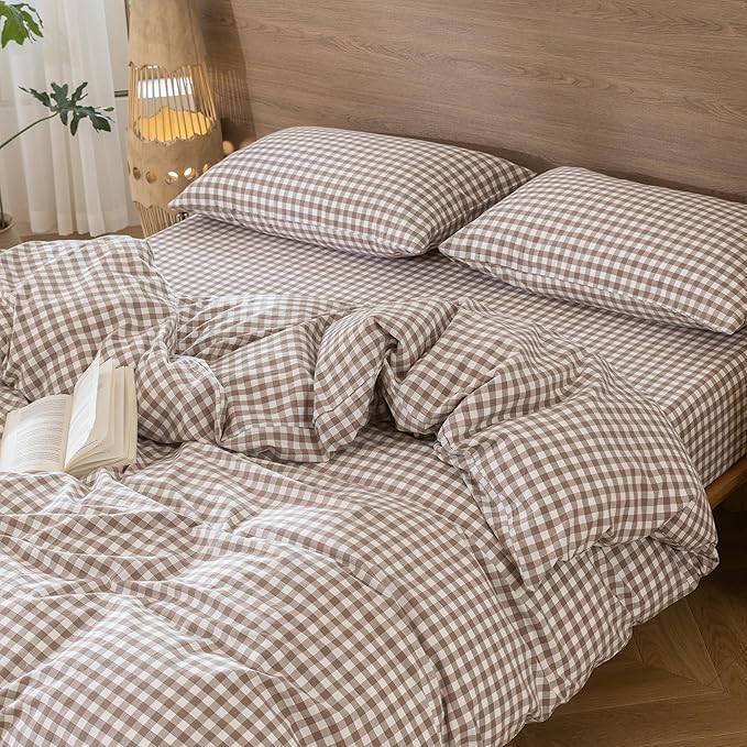 MooMee Bedding Pillowcases Gingham Pack of 2 100% Washed Cotton Linen Like Textured Breathable Durable Soft Comfy (Classic Gingham Brown, King)