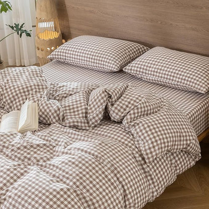 MooMee Bedding Pillowcases Gingham Pack of 2 100% Washed Cotton Linen Like Textured Breathable Durable Soft Comfy (Classic Gingham Brown, King)