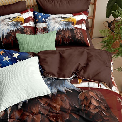 Camouflage American Flag Comforter Set Queen, Brown Vintage Eagle Print Soft Bedding Set for Adult,3Piece Wildlife Animal Lightweight Comforter with 2 Pillowcases,68 * 86/Brown White Blue