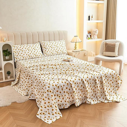 Softan Yellow Floral Sheet Set King, Sunflower Printed Bed Sheets King, Brushed Microfiber Fitted Sheet with 15" Deep Pocket & Non-Slip Straps, Yellow Flower Patterned Sheet & Pillowcase Sets