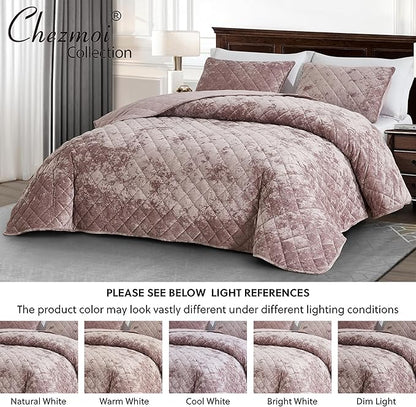 Chezmoi Collection Lux Dusty Pink Velvet Quilt Oversized King Set, 3-Piece Plush Distressed Velvet Bedding All Season Lightweight Comforter Brushed Microfiber Reverse with Diamond Stitch Quilting