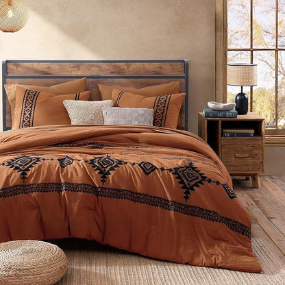 MaiRêve Embroidery Oversized King Size Comforter Set Burnt Orange, Boho Farmhouse Western Bedding Set 7 Pieces, All Season Bed in A Bag Comforter Set with Sheets, Pillowcases & Shams