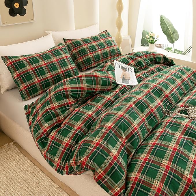ECOCOTT Buffalo Plaid Duvet Cover King Size– 3 Piece Green Checkered Bedding Set, 100% Washed Cotton, Soft Breathable Reversible Design with Zipper Closure & Corner Ties