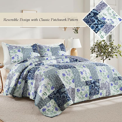 Whale Flotilla Patchwork Quilt Twin Size, Soft Boho Floral Bedspreads for Bed Reversible Lightweight Twin Quilt Bedding Set Coverlets with 1 Pillow Sham for All Seasons, Paisley Flowers