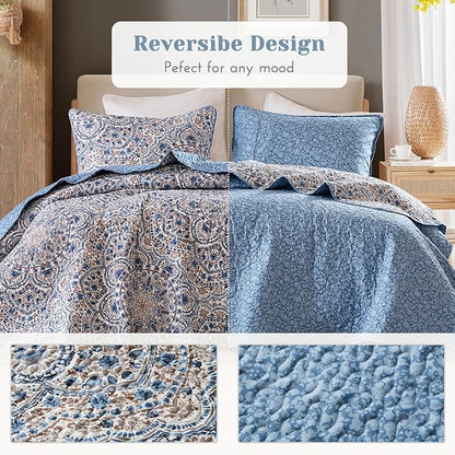 Comfort Spaces Valerie Boho Quilt Set Full/Queen Blue - Reversible Lightweight Bedding with Watercolor Medallion, Cozy All Season Quilt for Guest Room, Dorm, Teen or Adult Bed