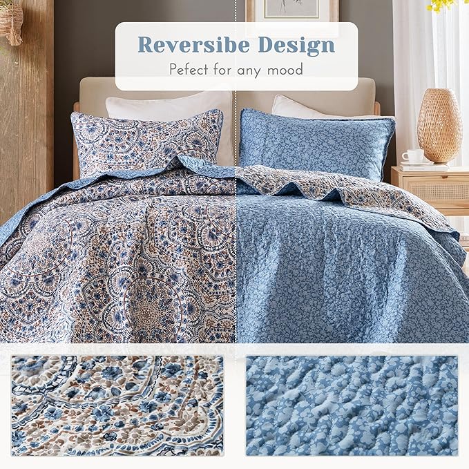 Comfort Spaces Valerie Boho Quilt Set Twin/Twin XL Blue - Soft Reversible Watercolor Medallion Bedding, Lightweight All Season Bedspread for Kids Teens Dorm Guest Room