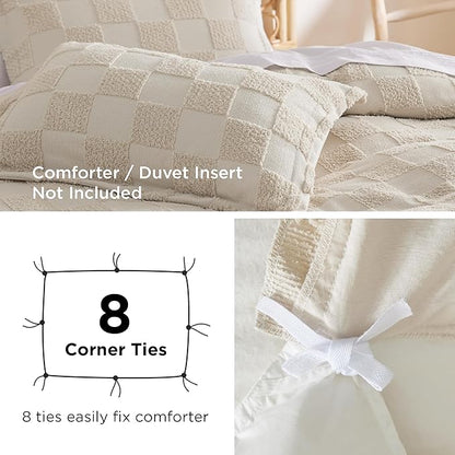 Bedsure Boho Kids Duvet Cover Queen Size（Duvet Insert/Comforter not Included - Checkered Duvet Cover Queenfor All Seasons,Soft Shabby Chic Boho Bedding (Beige, 90" x 90")