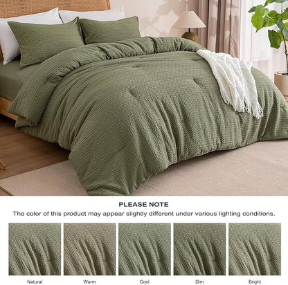 PHF Soft Waffle Comforter Set King Size- Comfy Breathable Waffle Weave Comforter with 2 Pillow Shams, 3 Pieces Less Snagging Lightweight Textured Bedding Set for All Season, Olive Green