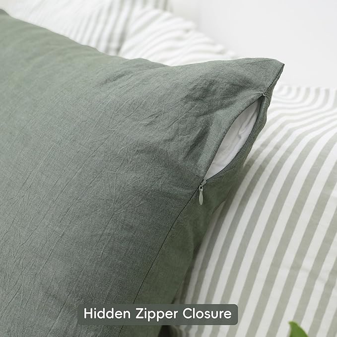 MooMee Body Pillow Cover Pillowcase with Zipper 100% Washed Cotton Linen Like Textured Breathable Durable Soft Comfy (Heathered Green, 21”x54”, 1PC)