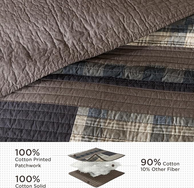 Woolrich Winter Plains Reversible Quilt Set - Cottage Styling Reversed to Solid Color, All Season Lightweight Coverlet, Cozy Bedding Layer, Matching Shams, Oversized Full/Queen, Stripes Taupe 3 Piece