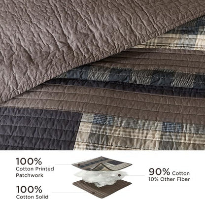 Woolrich Winter Plains Reversible Quilt Set - Cottage Styling Reversed to Solid Color, All Season Lightweight Coverlet, Cozy Bedding Layer, Matching Shams, Oversized Full/Queen, Stripes Taupe 3 Piece