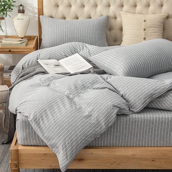 PURE ERA Jersey Knit Duvet Cover Set 100% T-Shirt Heather Cotton Super Soft Comfy Classic Striped Design, with Zipper Closure, Grey & White Pintripe, Queen