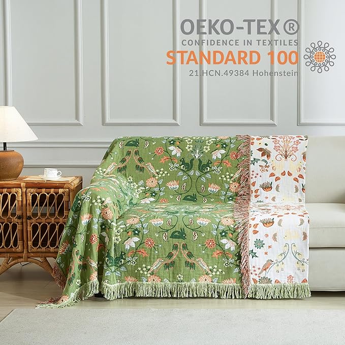 Boho Throw Blanket for Bed 90”x98”, 100% Cotton Woven Blanket for Couch Sofa, Ultra Soft 4-Layer Muslin Quilt with Floral Printed, Farmhouse Bed Blanket/Cover for Living Room Decor