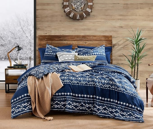 Geniospin Queen Comforter Set - 7 Pieces Comforters Queen Size, Warm Fluffy Boho Bedding Sets for All Seasons, Bed in a Bag with Flat Sheet and Fitted Sheet, Pillowcase & Sham (Blue, 90''x90'')