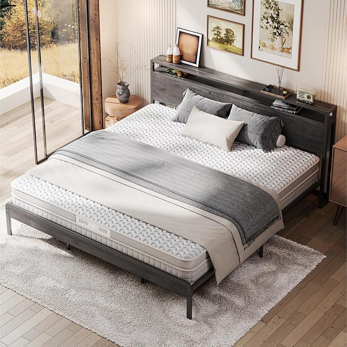 LIKIMIO King Bed Frame with Headboard, Dark Wood Camas King with Strong Supports, Sturdy, Noise-Free, No Box Spring Needed, Charcoal Grey