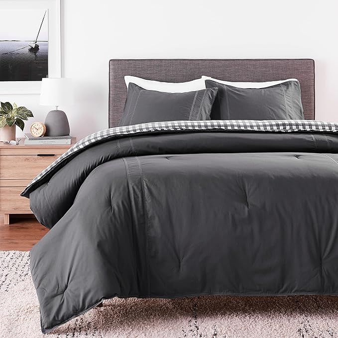 Eddie Bauer - Queen Comforter Set, Reversible Cotton Bedding with Matching Shams, Pre-Washed for Added Softness (Kingston Charcoal, Queen)