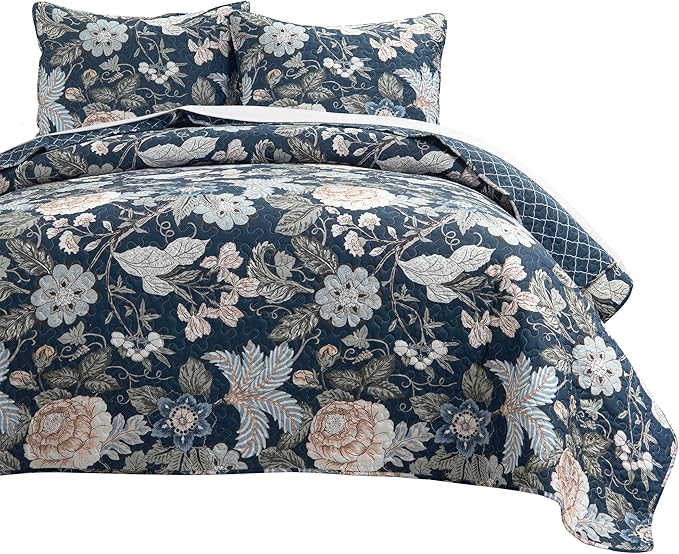 Lush Decor Sydney Reversible Cotton Quilt Set, 3 Piece Set, Full/Queen, Navy & Multi - Cotton Bedding Set - Navy Floral Quilt - Cottage Decor - Bedding Queen Size