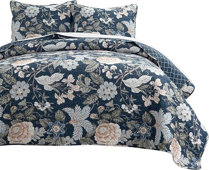 Lush Decor Sydney Reversible Cotton Quilt Set, 3 Piece Set, Full/Queen, Navy & Multi - Cotton Bedding Set - Navy Floral Quilt - Cottage Decor - Bedding Queen Size