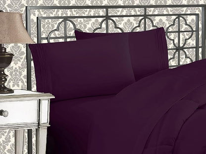 Elegant Comfort Luxurious 1500 Premium Hotel Quality Microfiber Three Line Embroidered Softest 4-Piece Bed Sheet Set, Wrinkle and Fade Resistant, California King, Eggplant-Purple