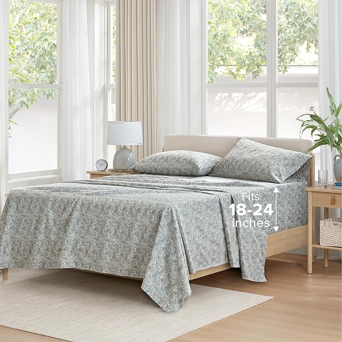 Comfort Spaces Extra Deep Pocket, 100% Cotton King Fits up to 24" Mattress, Breathable, Naturally Cool Cotton, Soft Cotton Sheets, All Seasons Sheet Set, Paisley 4 Piece