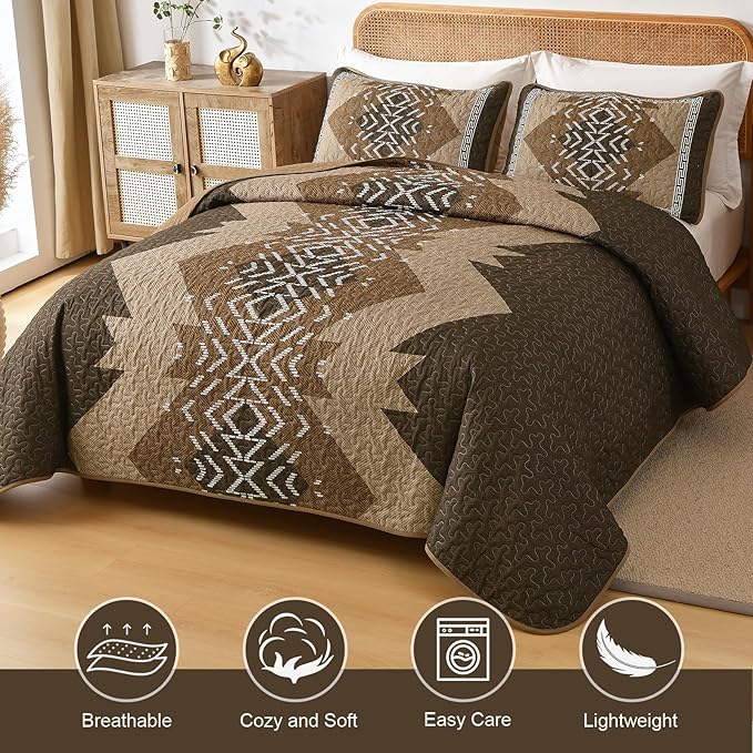 Dintszyayue Brown Quilt Set King Size Boho Aztec Texture Bedspread Coverlet Set 3 Piece Soft Lightweight Bedding Set Geometric Bohemian Bedspread with 2 Pillowcases(Dark Brown,90"x103")