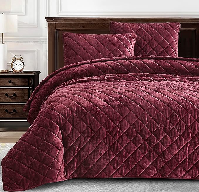 Chezmoi Collection Lux Burgundy Velvet Quilt King Set, 3-Piece Lush Plush Distressed Velvet Bedding All Season Lightweight Comforter Brushed Microfiber Reverse with Diamond Stitch Quilting