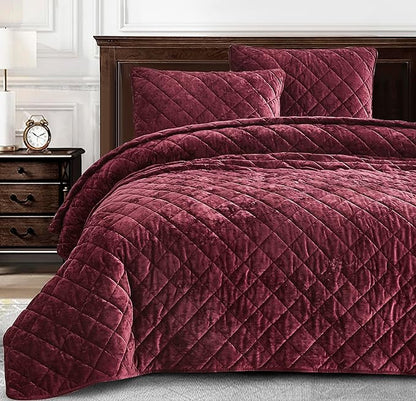 Chezmoi Collection Lux Burgundy Velvet Quilt King Set, 3-Piece Lush Plush Distressed Velvet Bedding All Season Lightweight Comforter Brushed Microfiber Reverse with Diamond Stitch Quilting