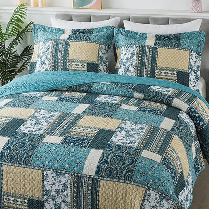 BEDIFANY Cotton Queen Size Quilt Sets, Lightweight Bedspread Queen Size Coverlet Boho Queen Quilt, Soft Farmhouse Queen Quilt Bedding Sets for Bed Decorations for All Seasons (3 Pieces, Blue)