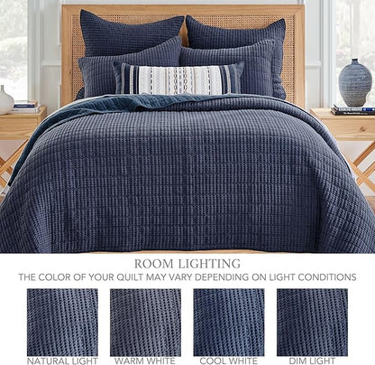 Levtex Home Mills Waffle Queen Bedspread Set (104x106in) with 2 Pillow Shams (26x20in) - Navy - 100% Cotton Queen Size Bedspread Set - Lightweight, Soft, Pre-Washed